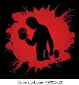 Man exercises with dumbbell designed on splash blood background graphic vector