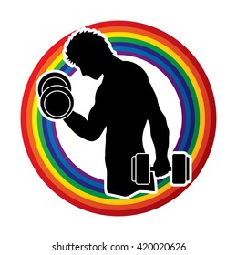 Man exercises with dumbbell designed on rainbows background graphic vector