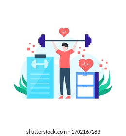 Man are exercises in gym using dumbbells, barbells vector illustration, suitable for landing page, ui, website, mobile app, editorial, poster, flyer, article, and banner