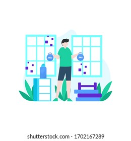 Man exercises in gym using dumbbells, barbells vector illustration, suitable for landing page, ui, website, mobile app, editorial, poster, flyer, article, and banner
