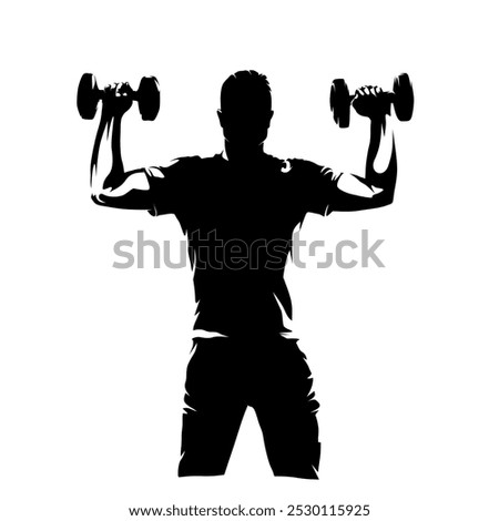 Man exercises his shoulders with one-handed dumbbells, isolated vector silhouette, front view