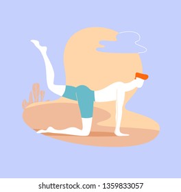 Man are exercising by playing yoga with a kneeling posture for health and meditation in a peaceful place.Balancing cat pose. Public park. colorful vector illustration in flat cartoon style.