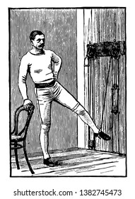 A man is exercising with chest weights. In this position, he hold chair with right hand & left hand keep on waist, he brings his left leg down to the floor & repeat it again, vintage line drawing