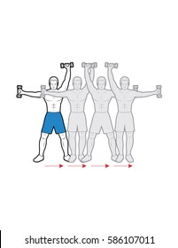 Man exercising, doing dumbbell shoulder raises while side stepping