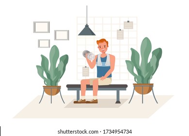 Man exercising with dumbbells at home character vector design. Healthy lifestyle and wellness concept.