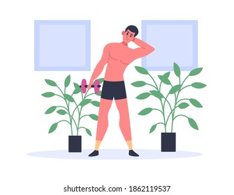 Man exercising with dumbbells, keeping fit at home. Guy doing sport, having physical activity. Home workout, leading active and healthy lifestyle, room interior vector illustration