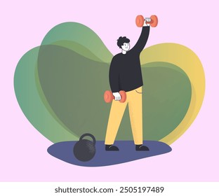 Man exercising with dumbbells and kettlebell. Person doing exercises or sport flat vector illustration. Healthy lifestyle concept for banner or landing page