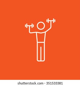 Man exercising with dumbbells line icon for web, mobile and infographics. Vector white icon isolated on red background.