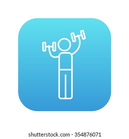 Hombre haciendo ejercicio con un icono de línea de campanas sucias para web, móvil e infografía. Icono de blanco vector en el cuadrado de gradiente azul con esquinas redondeadas aisladas en fondo blanco.