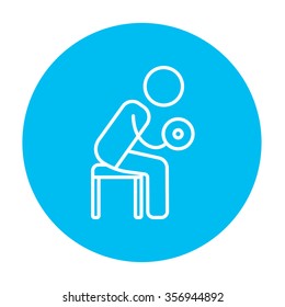 Man exercising with dumbbells line icon for web, mobile and infographics. Vector white icon on the light blue circle isolated on white background.