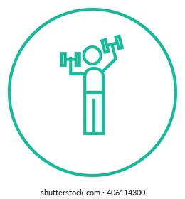 Man exercising with dumbbells line icon.