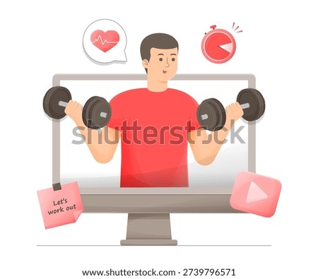 Man Exercising With Dumbbells On Computer Screen For Online Fitness