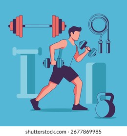 A man is exercising with dumbbells, surrounded by various gym equipment like barbells, jump ropes, and kettlebells.