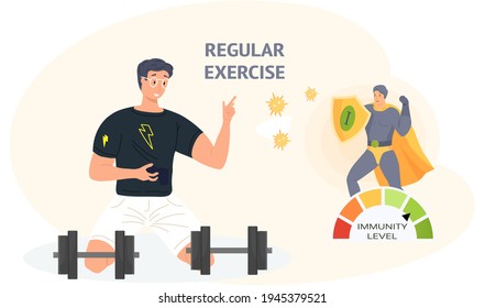 Man exercising with dumbbells vector illustration. Superhero demonstrates high level of immunity