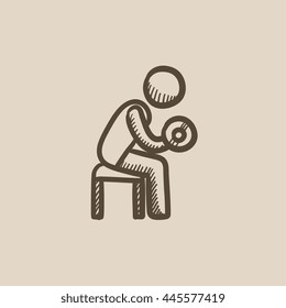 Homem exercitando-se com dumbbells ícone de esboço vetorial isolado no fundo. Homem desenhado à mão exercendo com halteres ícone. Homem exercitando-se com halteres ícone de esboço para infográfico, site ou aplicativo.