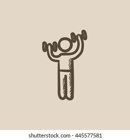 Hombre haciendo ejercicio con el icono de boceto vectorial de las campanas sucias aislado en el fondo. Hombre dibujado a mano haciendo ejercicio con un icono de campanas sucias. Hombre haciendo ejercicio con el icono de sketch de los dobleces para infografía, sitio web o aplicación.