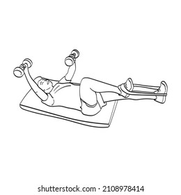 el hombre ejercita con dumbells en la ilustración de mat, mano vectorial dibujada aislada en el arte de la línea de fondo blanco.