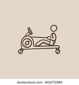 Man exercising with gym apparatus sketch icon.