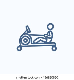 Man exercising with gym apparatus vector sketch icon isolated on background. Hand drawn Man exercising with gym apparatus icon. Man exercising in gym sketch icon for infographic, website or app.