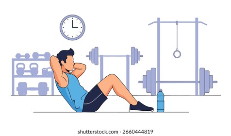 Man exercising in a gym doing crunches to build strong core muscles for fitness