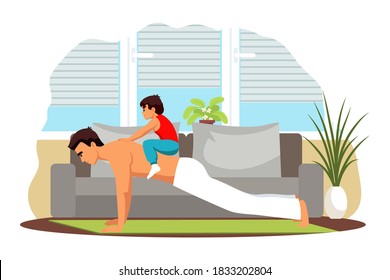 Man exercising at home. Healthy sport workout for health indoor vector illustration. Young man training, doing pushups with kid on back, father with boy doing gymnastics.