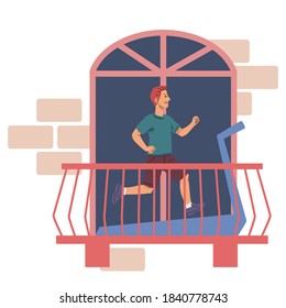 Man exercising at home on balcony. Happy young guy running on treadmill in house. Relaxing hobby and sport activity vector illustration. City modern apartment view from street.