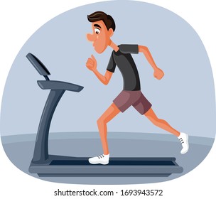 Man Exercising at Home Running on Treadmill Vector Cartoon. Funny male jogger character exercising indoors
