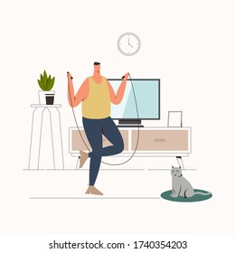 Man Exercising With A Jumping Rope In Home. Modern Flat Illustration On Fitness. Young Man Doing Cardio Workout With Cat In Front Of TV With A Skipping Rope