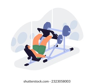 Man exercising with leg press machine, lifting platform with weight. Person training muscles in gym, doing body strength workout with equipment. Flat vector illustration isolated on white background