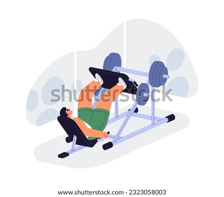 Man exercising with leg press machine, lifting platform with weight. Person training muscles in gym, doing body strength workout with equipment. Flat vector illustration isolated on white background