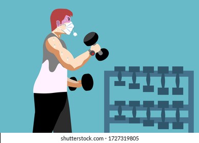 a man is exercising, lifting dumbells in gym. He is wearing a face mask and struggling hard to breathing.Designed for public relations to protect yourself in situations of COVID-19.