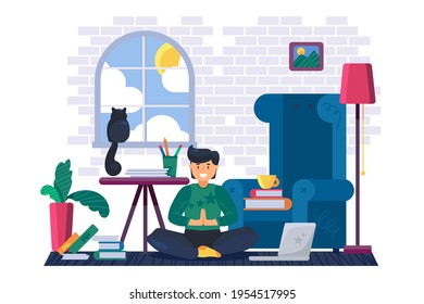 Man exercising and meditate yoga at home vector. Young guy sitting in lotus position and watching fit exercises on online video course. Character using laptop for training flat cartoon illustration