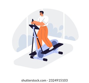 Man exercising on elliptical machine. Healthy active person training endurance, running on cross-trainer. Cardio workout with sport equipment. Flat vector illustration isolated on white background