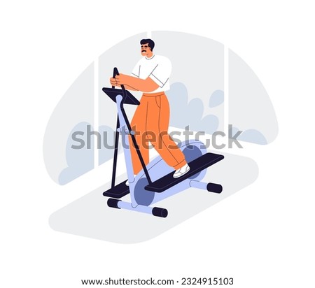 Man exercising on elliptical machine. Healthy active person training endurance, running on cross-trainer. Cardio workout with sport equipment. Flat vector illustration isolated on white background