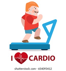Man exercising on treadmill cardio trainer. Vector color flat design illustration with place for text isolated on white background