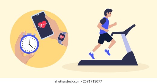 Man exercising on treadmill, monitoring his heartbeat with smartwatch and app, while timing his workout with a stopwatch