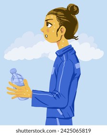 Man exercising outdoors holding a drink of water in his hand