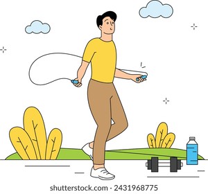Man Exercising rope skipping in the morning at the field