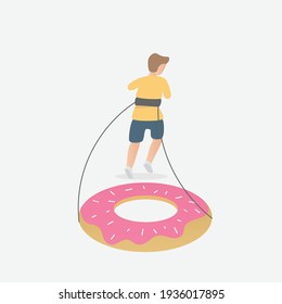 Hombre haciendo ejercicio para perder peso corriendo, arrastrando donuts, comiendo dulces hace que tenga que correr más duro para quemar más calorías, concepto de salud, caricatura Ilustración vectorial.