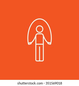 Man exercising with skipping rope line icon for web, mobile and infographics. Vector white icon isolated on red background.