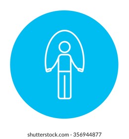 Man exercising with skipping rope line icon for web, mobile and infographics. Vector white icon on the light blue circle isolated on white background.