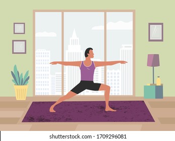 Man exercising yoga at home flat color vector. Stay at home yoga meditation practice cartoon. Breathing exercise workout background. Healthy lifestyle indoors morning fitness activities illustration