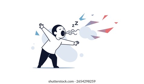 Man exhaling colorful abstract shapes while sleeping soundly with closed eyes and open mouth