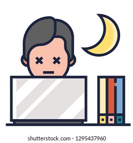 A Man With Exhausted Face Working Overnight Shift Vector Illustration In Line Color Design