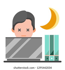 A Man With Exhausted Face Working Overnight Shift Vector Illustration In Flat Color Design