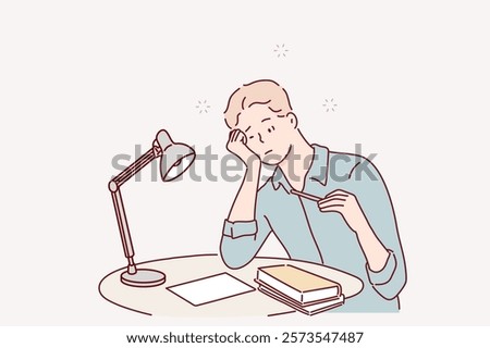 A man exhausted from studying for exams. man tired studying and sleeping on his desk.Hand drawn style vector design illustrations.	