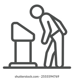 Man with exhibition stand line icon, art and culture concept. Vector graphics. Human looking picture sign on white background, outline style icon for mobile or web design