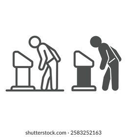 Man with exhibition stand line and solid icon, art and culture concept. Vector graphics. Human looking picture sign on white background, outline style icon for mobile or web design