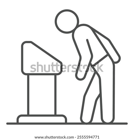 Man with exhibition stand thin line icon, art and culture concept. Vector graphics. Human looking picture sign on white background, outline style icon for mobile or web design