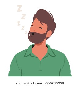 El Hombre Exhibe Una Emoción Sleepy, Representada Con Ojos Cerrados Y Zzo Sobre Su Cabeza, Que Indica Descanso Pacífico O Somnolencia Mientras Toma Pacíficamente La Tranquilidad De La Madera. Ilustración de vectores de personas de caricatura